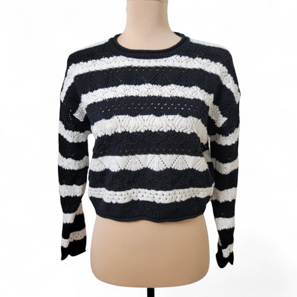 Primark Size 6-8 Black & White Striped Loose Knit Cropped Sweater, EUC